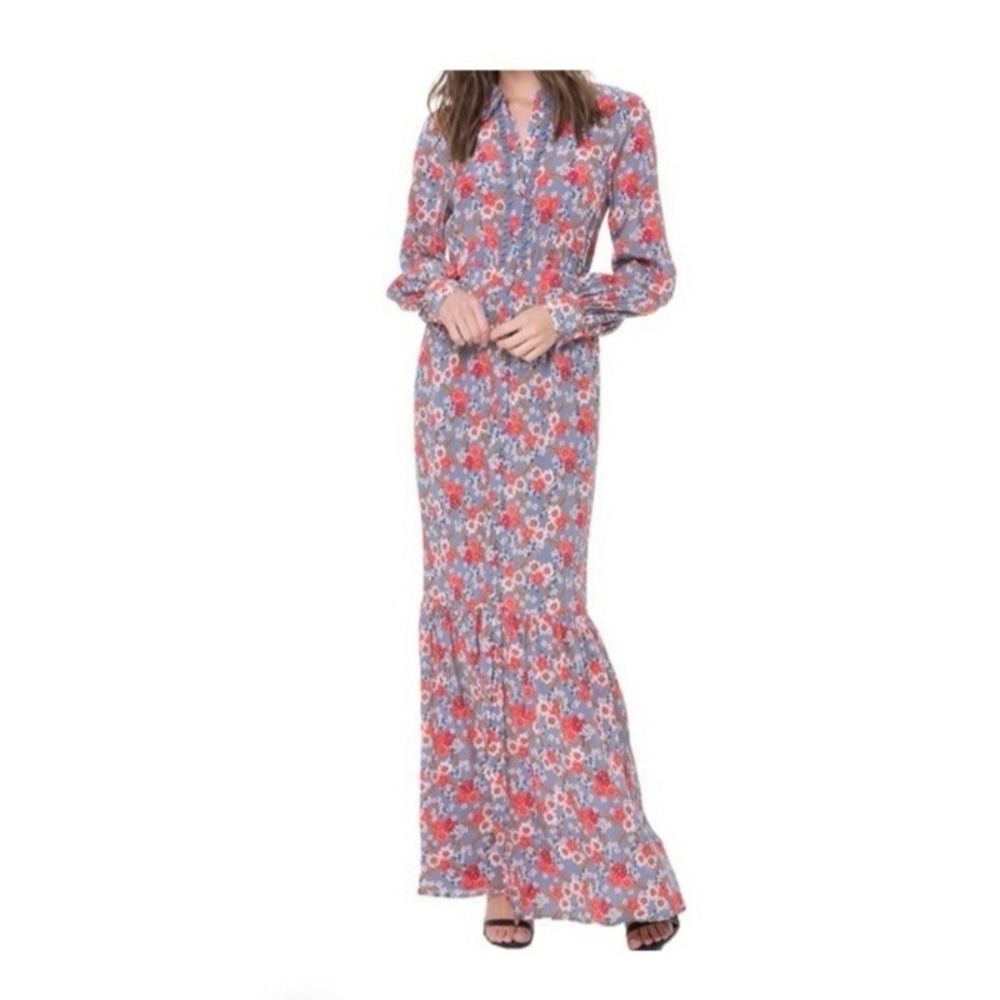 Juicy Couture Silk Maxi Dress Women 8 Blue Floral Ruffle Cottagecore Boho Luxury